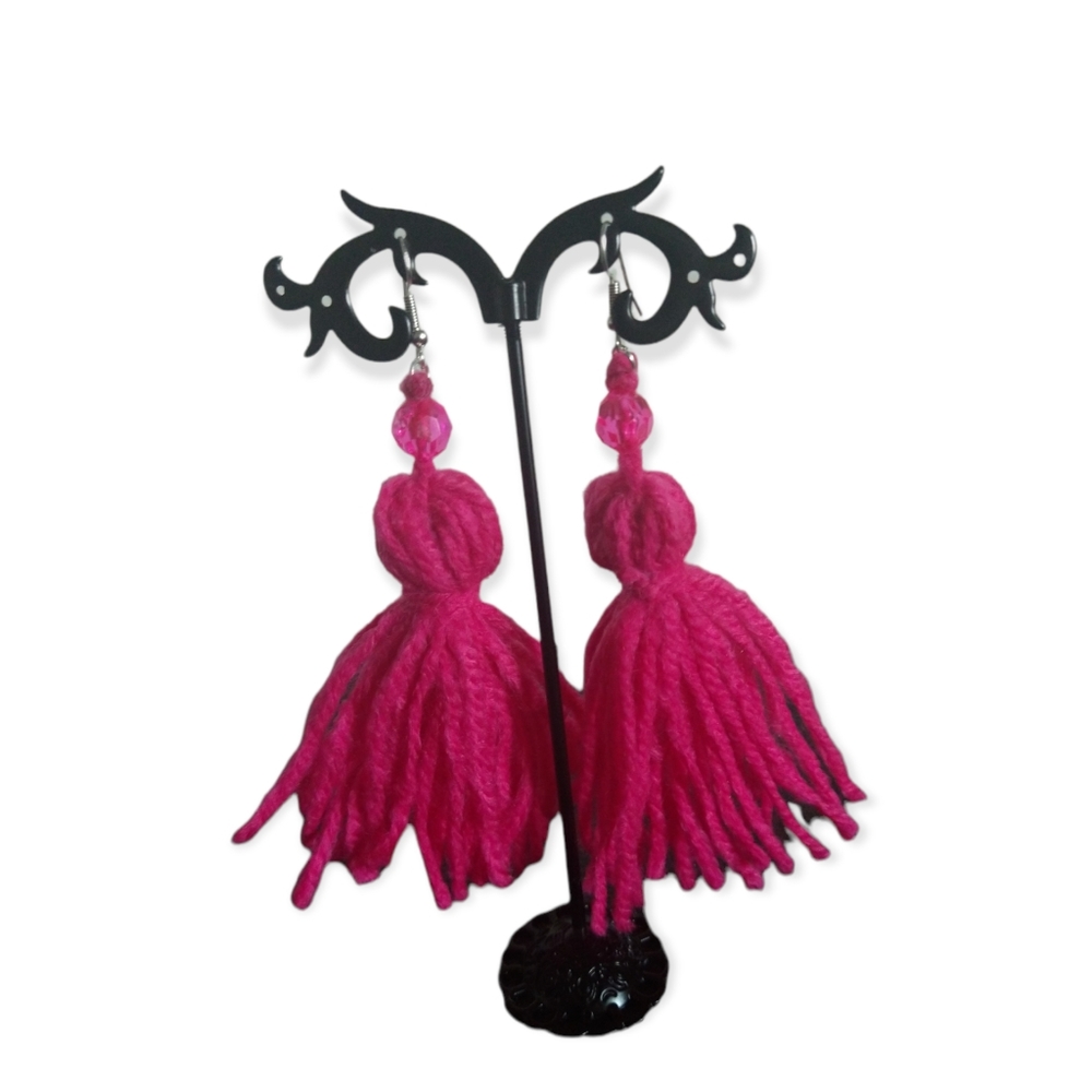 Yarn Tassel Earrings-Pink